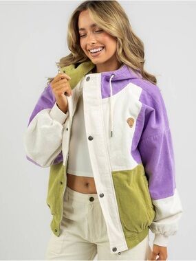 M Billabong Women’s Colorblock Corduroy Hooded Jacket — Lavender, Olive & Cream